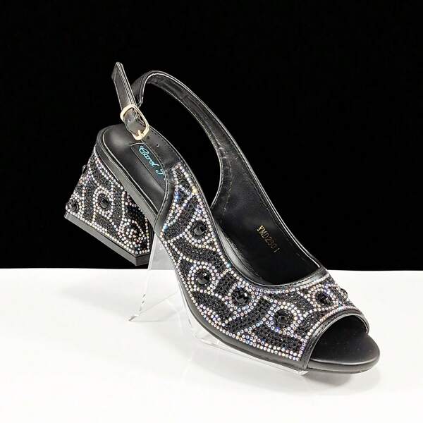 Sapatos Femininos Feitos à Mão com Salto Grosso e Bico Aberto com Padrão Geométrico e Decoração de Strass, Confortáveis para Festa, Banquete e Uso Diário