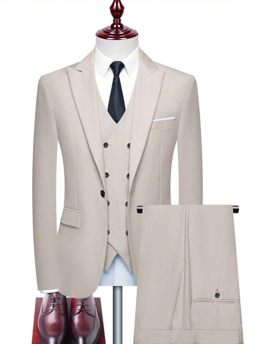 Traje de 3 piezas para hombre en beige, estilo slim fit que incluye blazer, chaleco y pantalones. Conjunto formal clásico para negocios, bodas u ocasiones casuales