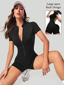 Women's Half Zipper Ribbed Knit Sports Romper Halter Sleeveless Yoga Workout Romper - 黑色 - 查看 1