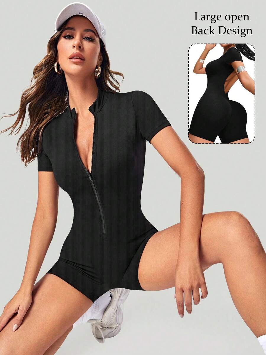 Women's Half Zipper Ribbed Knit Sports Romper Halter Sleeveless Yoga Workout Romper - 黑色 - 查看 1