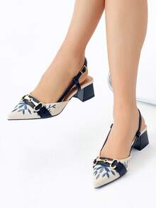 Women's Pointed Toe Slingback High Heel Mule Shoes With Chain Decor, Retro Floral Pattern Design, Fashionable & Comfortable, Suitable For Work, Party, Holiday Events, Suitable For Spring, Summer, Autumn, Winter, Navy Blue, Elegant, Women Pumps - Navy Blue - View 5