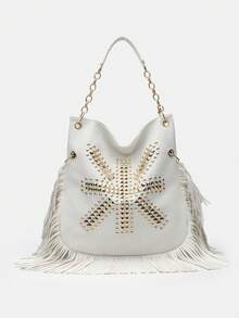 New Fashion Minimalist Versatile Tassel Rivet Chain Handbag, Large Capacity, Can Be Worn On Shoulder, Personalized Design, Punk Rock Motorcycle Bag, Metal Underarm Design, Suitable For Commuting, Shopping, Travel, White - White - View 3