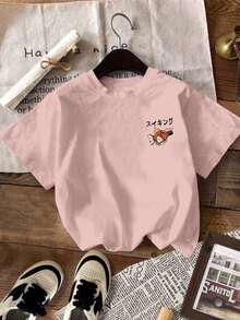 Men's Cartoon Fish Letter Ramen Numeral Print Crew Neck Short Sleeve T-Shirt, Casual Everyday Wear, 2000s Style