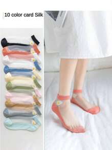 10 Pares (Cor Aleatória) Meias de Seda com Padrão Margarida Femininas Novas, Meias Casuais de Verão Transparentes e Respiráveis na Altura do Tornozelo, Fashionistas