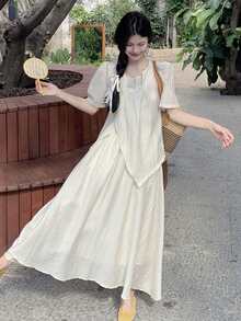 女式交叉系带收腰短衬衫，简约设计，修身，有领 - 杏色 - 查看 4