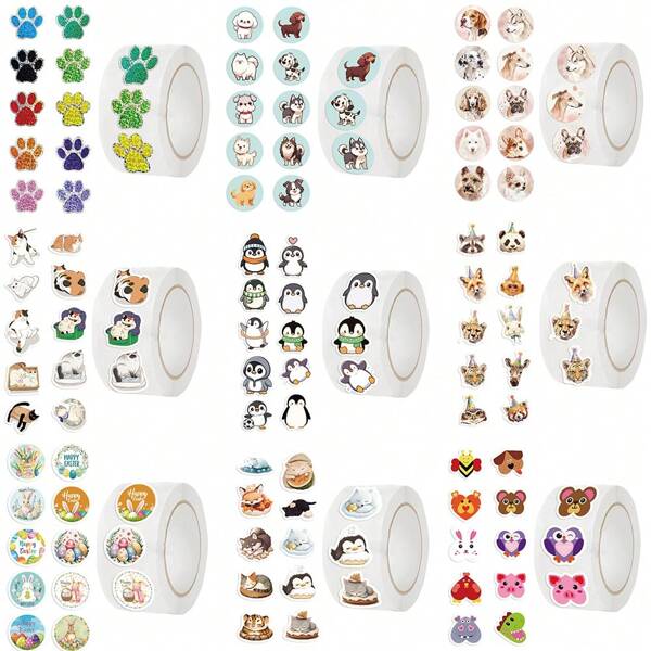 1 Roll /500pcs Multi Style Selection Of Cartoon Animal Series Roll Sticker Suitable For Decorating Water Cup Computer Food Seal Creative Gift Sticker