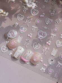 5D蕾丝蝴蝶结美甲贴纸，可爱卡通主题，亮面卡通贴花，不对称设计，无异味，带闪粉装饰，聚对苯二甲酸乙二醇酯材质，自粘于塑料表面，一次性使用，适用于美甲DIY，美甲用品 - 粉色 - 查看 1