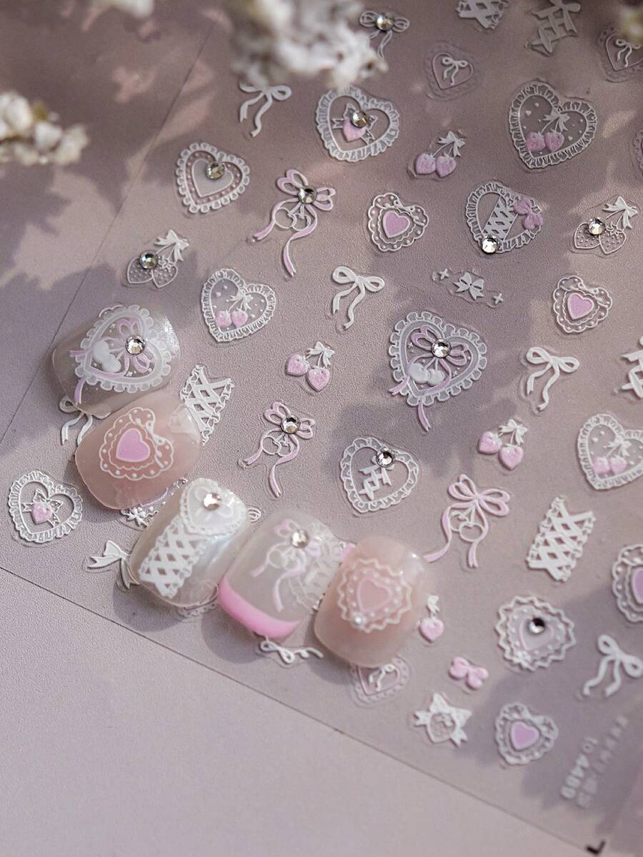 5D蕾丝蝴蝶结美甲贴纸，可爱卡通主题，亮面卡通贴花，不对称设计，无异味，带闪粉装饰，聚对苯二甲酸乙二醇酯材质，自粘于塑料表面，一次性使用，适用于美甲DIY，美甲用品 - 粉色 - 查看 1