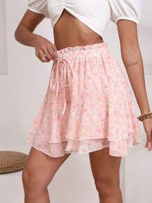 女士时尚裤裙，分层荷叶边下摆，松紧腰带抽绳，休闲裙