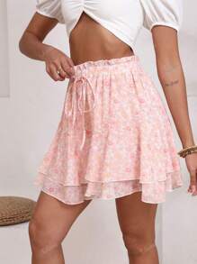 Women's Fashion Culottes, Layered Ruffle Hem, Elastic Waist With Drawstring, Casual Skirt