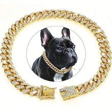 1pc Sparkling Faux Diamond Cuban Chain Dog Collar | Adjustable Puppy Necklace For Puppies And Cats | Luxury Pet Jewelry Gifts For Weddings/Birthdays/Christmas | Stylish Shiny Pet Accessories - Gold - View 2
