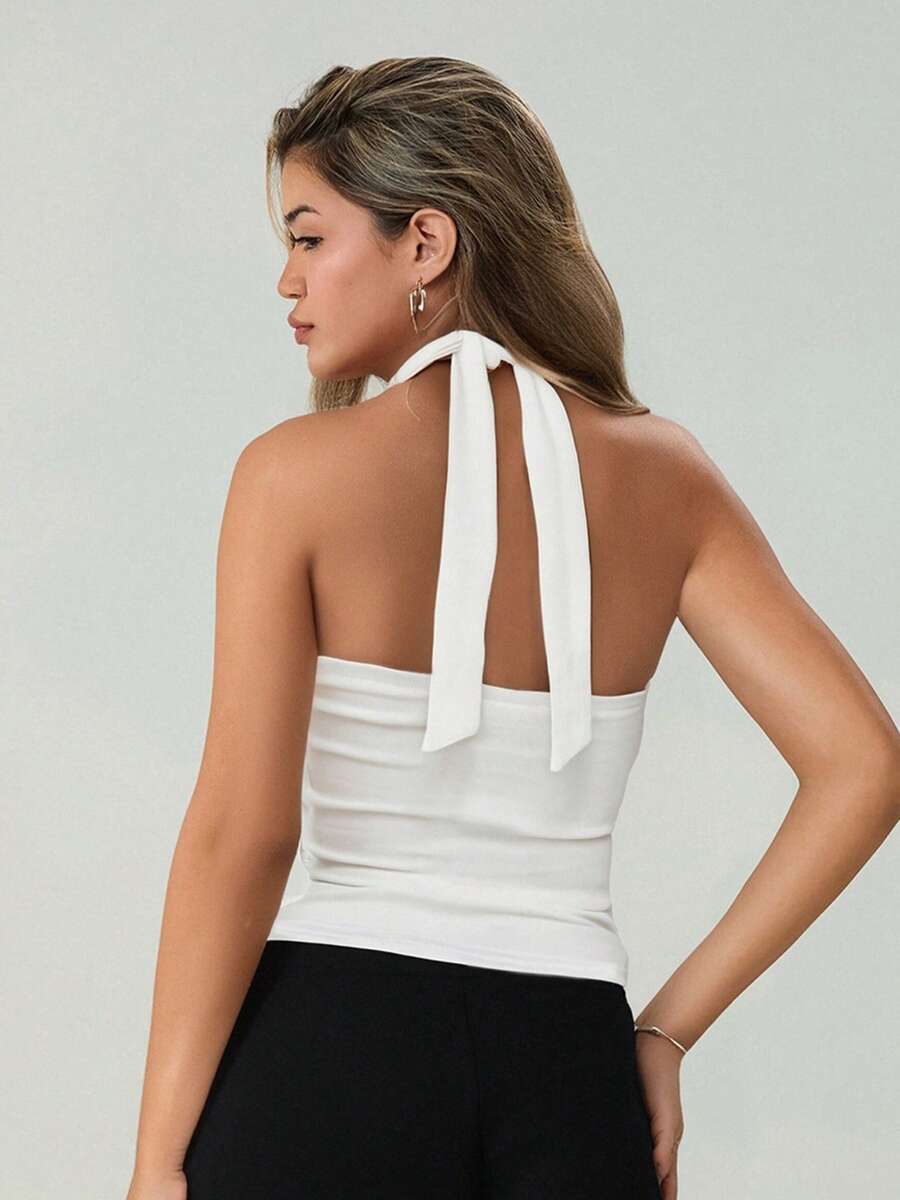 Women's Halter Neck Vest Summer Sleeveless Open Back Solid Color  Tank Tops - White - View 1