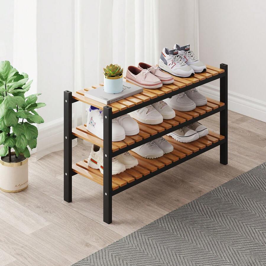 Bamboo Shoe Rack Organizer For Closet And Entryway - Space-Saving Narrow Shoe Stand - Versatile Shoe Holder For Door Or Closet Shelf,Garage Bedroom Can Freely Stack DIY Small Shoe Racks 3Tier Brown - Màu đen + tre - Xem 1