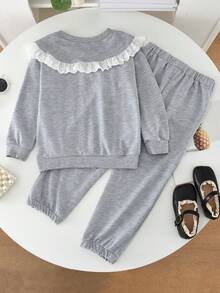 2pcs/set Young Girls' Casual Sport Solid Color Lace Splice Turn-down Collar Sweatshirt And Long Pants Outfits, Spring And Autumn