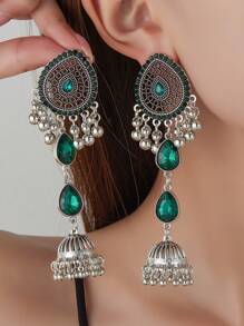 2pcs Bohemian Retro Rhinestone Tassel Earrings, Fashionable Metal Bell Pendant Earrings For Women