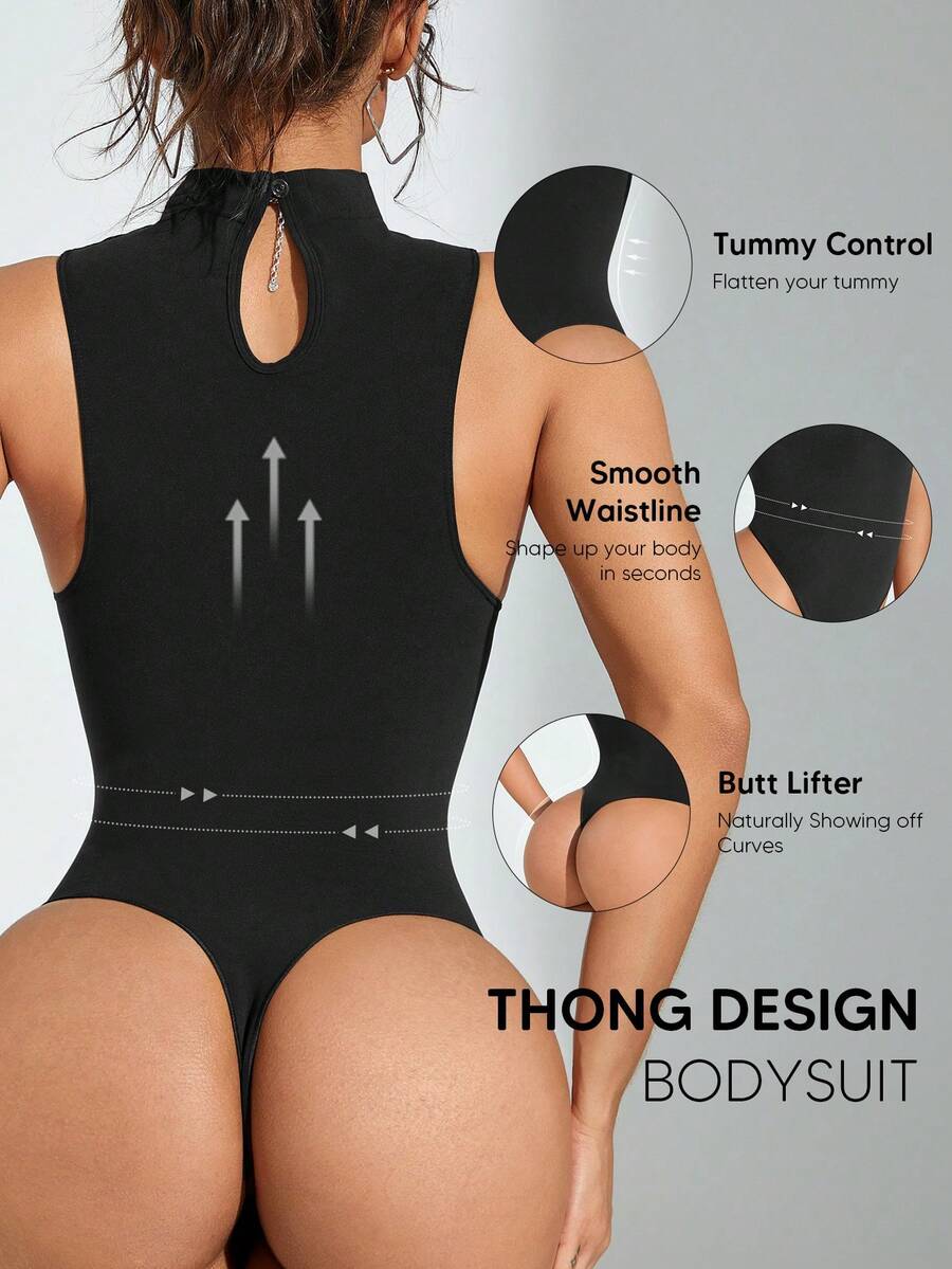 Áo liền thân không tay cổ cao giúp thon gọn eo, kiểu dáng đơn giản và thời trang, màu đen trơn, thanh lịch cho mùa hè. - màu đen - Xem 1