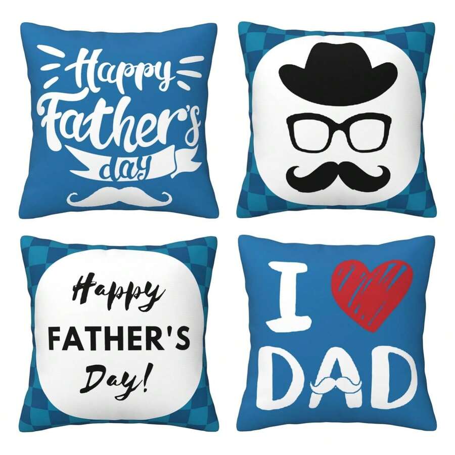 4 PIEZAS Funda de almohada del Día del Padre Azul, Funda de cojín decorativa, Adecuada para Papá y Abuelo en la sala de estar, dormitorio, sofá, Doble cara sin relleno - Azul y blanco - Ver 1