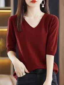 Versatile Half Sleeve Solid Color V-Neck Sweater - Knitted Top For Spring & Fall - Women's Clothing - Red - View 4