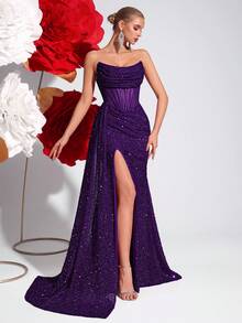 Elisanya Sequin Off Shoulder Hollow-Out Fishbone Prom Dress Ruched High Waist With Ribbon Split Thigh Backless Tie Back Cocktail Party Evening Long Floor Dress, Suit For Wedding Guest, Formal, Graduation And Date Night - Violet Purple - View 5