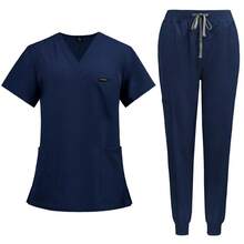 2pcs Set Elegant Short Sleeve V-Neck Nurse Scrub Uniform Top And Waist-Cinching Pants Set, Women's Scrub Suit