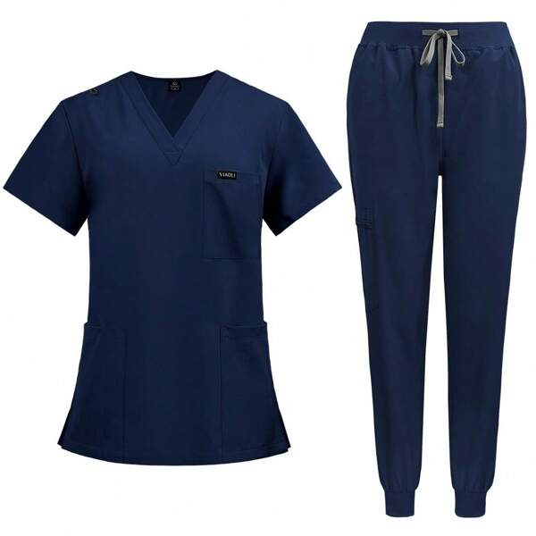 2pcs Set Elegant Short Sleeve V-Neck Nurse Scrub Uniform Top And Waist-Cinching Pants Set, Women's Scrub Suit