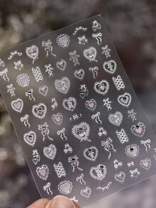 5D蕾丝蝴蝶结美甲贴纸，可爱卡通主题，亮面卡通贴花，不对称设计，无异味，带闪粉装饰，聚对苯二甲酸乙二醇酯材质，自粘于塑料表面，一次性使用，适用于美甲DIY，美甲用品 - 粉色 - 查看 4