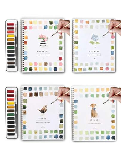 Watercolor Workbook With 12 Colors Watercolor Paint Set With Paint Brush, Watercolor Workbook,Art Crafts Painting Kits Supplies,Water Color Book,For School Supplies,Back To School