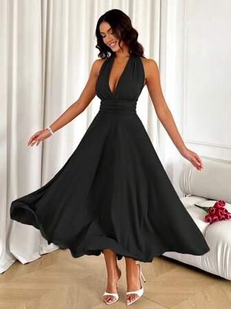 Ladies Elegant Backless Halter Midi Dress