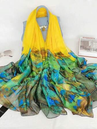 1 st. mjuk chiffonghalsduk med naturskönt tryck, mångsidig för stranden, solskydd, värme, resor och utomhusbruk för klänningar