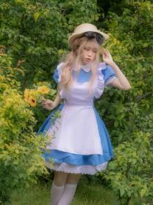 1 pieza Vestido de Lolita estilo campestre, dulce y juvenil con diadema negra, adecuado para fotografía, cosplay y disfraz de sirvienta anime