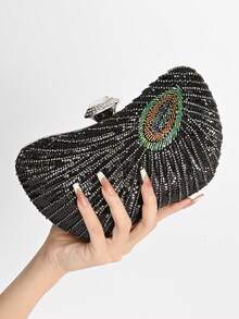 Geantă de seară brodată cu paiete și păun în stil chinezesc, cu lanț de curea de umăr, geantă pătrată mică pentru femei Cheongsam