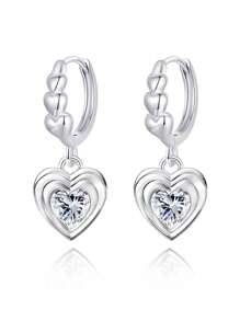 Orecchini d'argento alla moda, delicati e semplici con pendente a forma di cuore e zirconia cubica, adatti per uso quotidiano, come regalo di compleanno o della Festa della Mamma