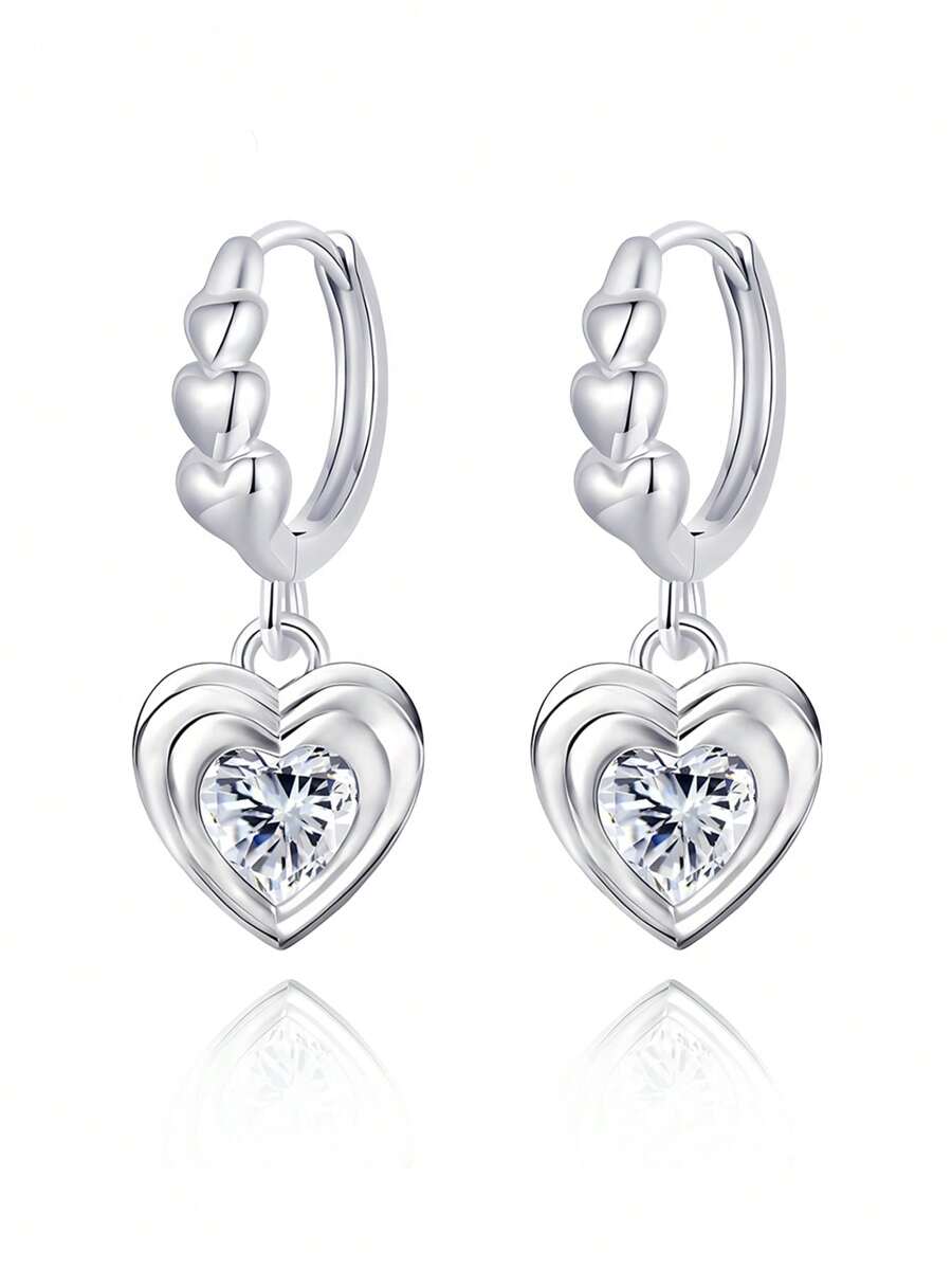 Orecchini d'argento alla moda, delicati e semplici con pendente a forma di cuore e zirconia cubica, adatti per uso quotidiano, come regalo di compleanno o della Festa della Mamma