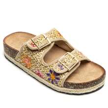 Bohemian Style Flat Sandals With Floral Embroidery And Dual Buckle Straps, Comfortable Casual Summer Wear - Khaki - View 1