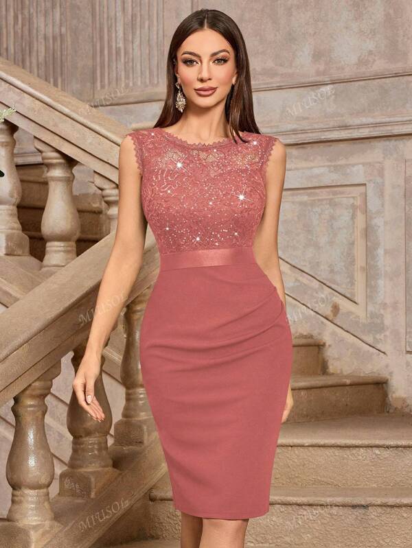 MIUSOL Classic Sequin Floral Lace Round Neck Sleeveless Cocktail Party Fitted Dress