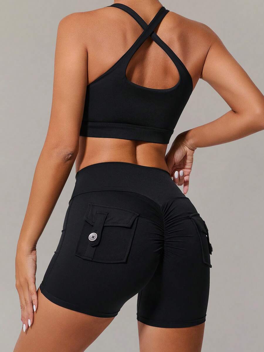 MASKERT 两件套春夏女士套装女运动服瑜伽服健身服女士跑步运动背心套装运动服短裤套装居家休闲运动舒适亲肤 - 黑色 - 查看 1