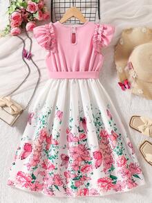 Tween Girls' Ruffle Hem Digital Butterfly Print Cinched Waist Waist Dress - Pink - View 2
