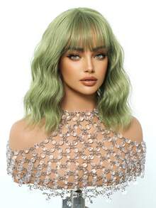 Grass Green Bob Wigs For Women Curly Wavy Wigs With Bangs Short Heat Resistant Synthetic Wigs For Party Costume Daily Wear Colorful Wigs - 草綠色 - 查看 4