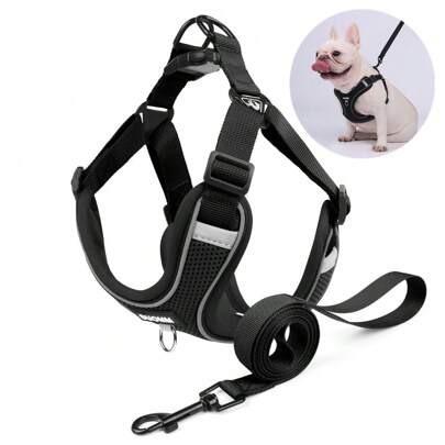 Nowa kolorystyka 1 zestaw smyczy dla psa z odblaskowym regulowanym paskiem na klatce piersiowej i plecach, wygodny, bezpieczny zestaw smyczy i obroży dla buldoga francuskiego, miękki, oddychający materiał siateczkowy, odpowiedni dla małych i średnich zwierząt domowych, na każdą porę roku