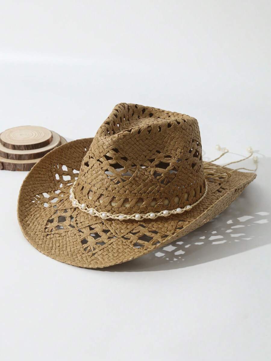 1pc Unisex Pearl Decor Cowboy Hat Hollow Out Wide Brim Handmade Spring Summer Travel Shade Cowgirl Hat Beach Hat Straw Hat Casual Sun Hat - Màu Khaki - Xem 1