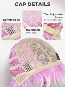 14 Zoll kurze Farbverlauf Bob Perücken mit Pony, lockige Perücken für Frauen mit kurzen rosa bis grünen Haaren, lose wellige Perücke Farbverlauf rosa Perücke, synthetisches Haar, Lavendel Perücke für Cosplay, tägliche Partys, Selfie-Verwendung