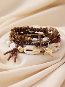 6pcs/Set Bohemian Style Ocean Theme Natural Stone, Pearl, Coral, Seashell, Starfish Beaded Multilayer Bracelet Set, Handmade Accessories For Women, Daily Wear & Holiday Gift