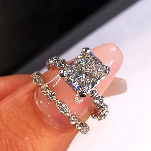 Delicate 2 Set Ring Square Cut Shiny Female Bride Wedding Ring Set Party Banquet Valentine's Day Gift