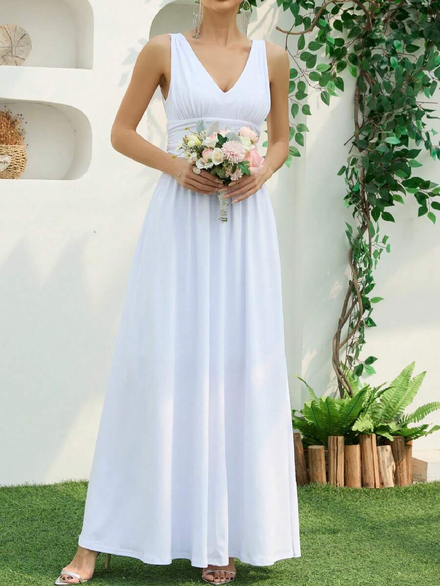 Damen weißes elegantes Kleid mit V-Ausschnitt, hoher Taille und Rüschenbesatz am Saum, ärmellos, geeignet für Hochzeiten, Partys, Brautjungfern - Weiss - Übersicht 1