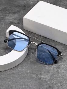 Vintage Square Aviator Sunglasses For Women, Metal Frame Fashion Classic Sunglasses For Outdoor Travel Beach Holiday Casual Daily Wear, Sun Protection UV-Resistant Driving Glasses For Men For Summer Beach Vacation,Outdoor,Travel - 藍色 - 查看 3