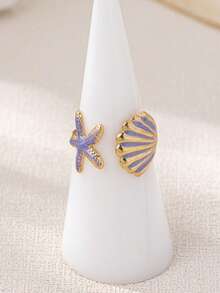 3 件套海滩度假风格海星和贝壳开口戒指，独特的时尚设计，适合日常佩戴 - 彩色 - 查看 6