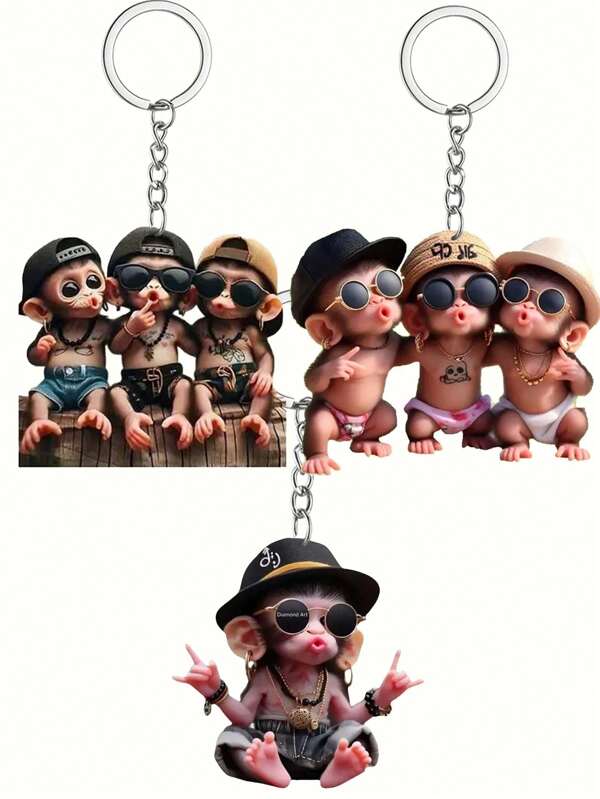 3pcs Hip-Hop Monkey, 2D Acrylic Pendant, Very Cool Design, It Can Be Used As A Multi-Functional Keychain, Decorative Gift Accessories, Interior Hanging Decoration And DIY Backpack Pendant, Perfect Gift, No Battery Required[The Product Needs To Be Installed Manually.] Car Accessories Bag Charm School Cartoon