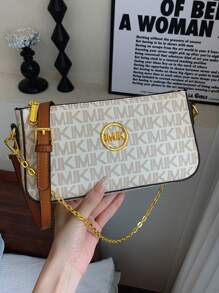 1 Piece Of High-Quality Casual Solid Color Women's Bag 2025 New Casual Underarm Bag Small Square Bag Splicing Contrasting Chain Decoration Women's Shoulder Bag Shoulder Strap Adjustable Crossbody Bag Letter Decoration Mahjong Bag New Women's Bag