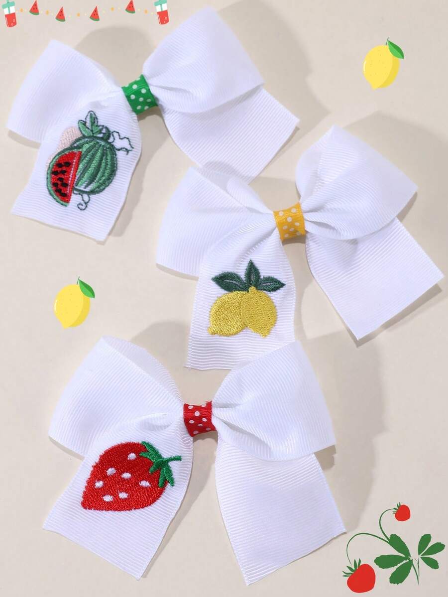 3pcs White Hair Bow For Girls Strawberry Watermelon Lemon Bowknot Polyester Grosgrain Cute Fruit Hair Clips Alligator Clips For Summer Daily Vacation Hair Accessories - White - View 1