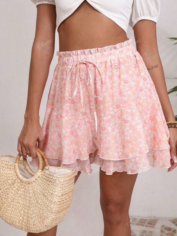 Women's Fashion Culottes, Layered Ruffle Hem, Elastic Waist With Drawstring, Casual Skirt